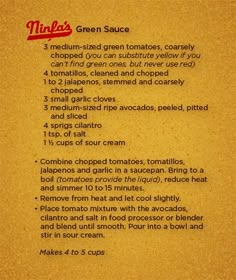 the menu for thin's green sauce