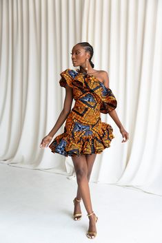 African Ruffle Sleeve Dress, African Pleated Dress, Nigerian Puff Sleeve Dress, One Arm Cross The Shoulder Puffy Sleeve African Dress, African Mini Dress, Midi African Dress, Pleated Ankara Dress, African Styles Dresses, African Summer Dress