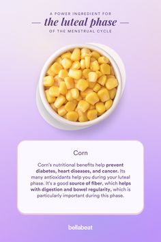 Corn's nutritional benefits help prevent diabetes, heart disease, and cancer. It's a good source of fiber, which helps with digestion and bowel regularity. Corn is also high in complex carbohydrates, which provide sustained energy levels throughout the day, being a great ally for ovulation. 🌽  Find more Power Ingredients and boost overall health with Period Diary App by Bellabeat. 📔📲 #biohacking #cyclesyncing #fertility #pcos #health Complex Carbohydrates, Good Source Of Fiber, Energy Level, Disease