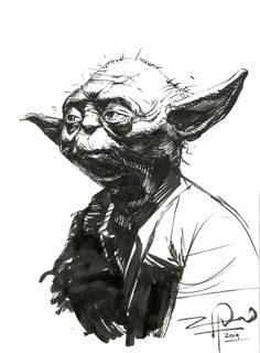 an ink drawing of yoda from star wars