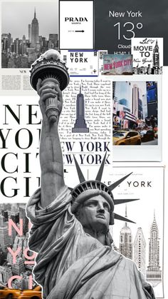 the statue of liberty is surrounded by new york city pictures and newspaper clippings