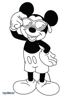 the mickey mouse is wearing goggles and standing in front of a white background with black outline