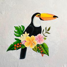 a painting of a toucan with flowers and leaves