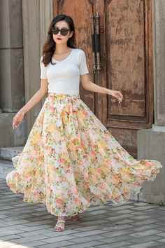 Summer Floral Long Chiffon Elastic Waist Skirt 3435 – XiaoLizi Cloak Dress, Skirt Circle, Skirt Chiffon, Summer Coats, Ankle Length Skirt, Elastic Waist Skirt, Winter Pants, Skirt Maxi, Chiffon Skirt