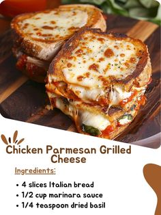 the chicken parmesan grilled cheese sandwich is cut in half on a cutting board