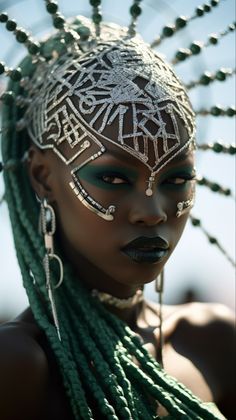 an african woman with green hair and beads on her head