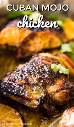 grilled chicken and vegetables with text overlay that reads cuban mojo chicken