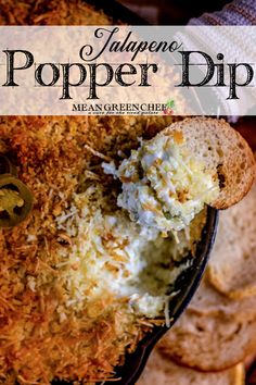 a bowl filled with bread and cheese next to crackers on a plate that says, jalapeno popper dip