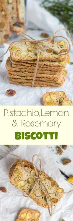 pistachio lemon and rosemary biscotti cookies stacked on top of each other