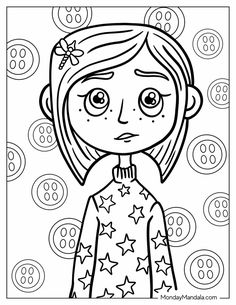 a girl with eyes and stars on her shirt is surrounded by buttons in the background