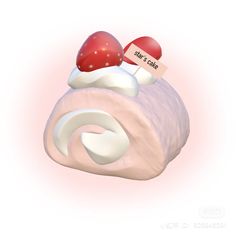 there is a piece of cake with two red mushrooms on top that says what's in the bag?