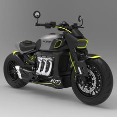 a black and yellow motorcycle on a gray background