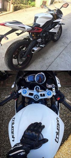 two different views of a motorcycle parked on the street