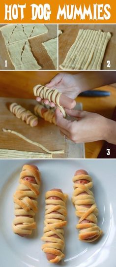 how to make hot dog mummies on a white plate and then cut them in half