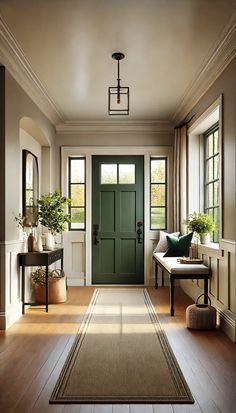 a green door in the middle of a room with two windows and a rug on the floor