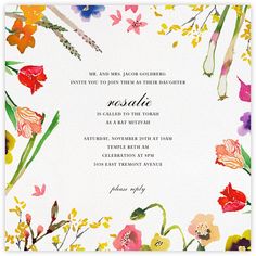 an image of a wedding card with flowers and leaves on the front, in bright colors