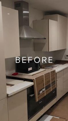 an empty kitchen with the words before written on it