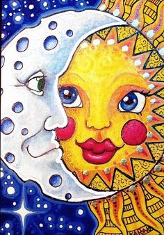 a drawing of a sun and moon in the sky with water droplets on it's face