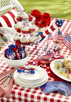 a table with red, white and blue decorations on it