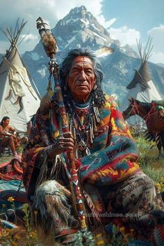 an old native american man sitting in the grass