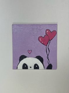 a painting of a panda bear holding two hearts on a purple background with the image of a heart shaped balloon