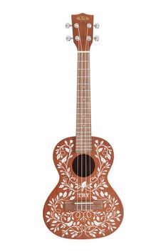 the ukulele is made out of wood and has an intricate design