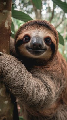 a brown and white sloth hanging from a tree