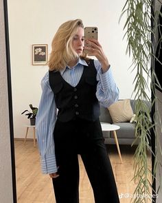 Outfit Ideas Vintage Classy, Women Vests Outfits, Style With Vest Outfit Ideas, Vest Outfits Work, Blue Shirt Winter Outfit, Vest With Shirt Outfit Ideas, Formal Shirts Women Work Outfits, Vest Set Outfits For Women, Formal Vest Outfits