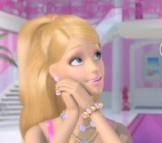 the barbie doll is posing with her hand on her chin and looking up at something