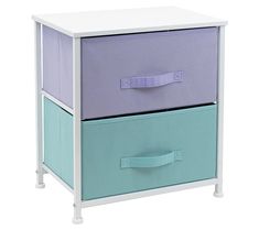 two drawers with handles on each side, one blue and the other purple in color