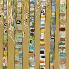 an abstract painting of trees with different colors and designs on them, in gold tones