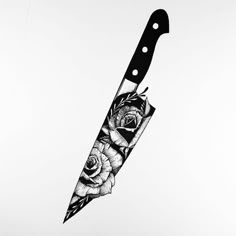 a black and white drawing of a knife with roses on the blade that has been cut in half