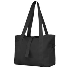 a black tote bag is shown on a white background, with the handles down