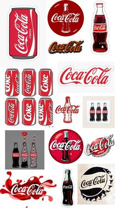 coca - cola stickers and decals are displayed in this image, including the logo for