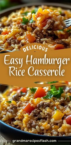 delicious easy hamburger rice casserole recipe with ground beef and vegetables in a skillet