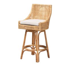 a wicker bar stool with a cushion on the back and seat pad in white