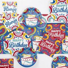 birthday party supplies including plates and napkins