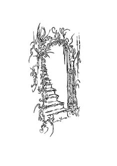 a drawing of stairs leading up to an open door with vines and flowers on it