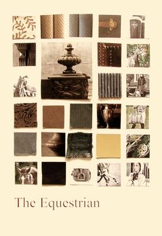 the equestrian book cover is shown with many different pictures and words in black and white