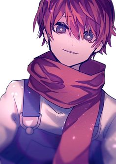 an anime character with red hair wearing a purple scarf and white shirt, looking at the camera