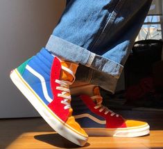 Unique High Top Vans, Vans Colorful, Color Block Vans, Vans Aesthetic, Sk8 Hi Vans, Vans Sk8 Hi, Cute Vans, Mens Vans Shoes