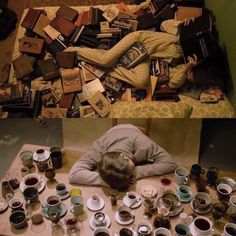 there is a person laying on the floor surrounded by cups and saucers