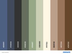 the color scheme for an interior paint swatch in shades of brown, green and blue