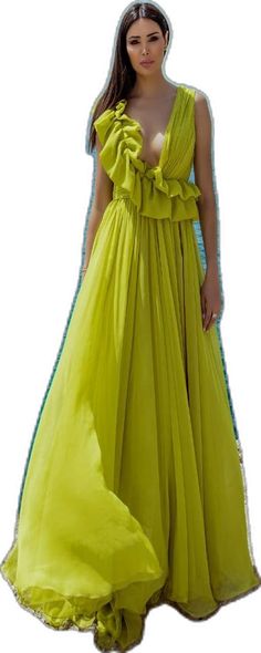 V-neck Ruffled Gown For Prom, Elegant V-neck Maxi Dress With Ruffled Skirt, Green V-neck Gown For Summer, Chiffon V-neck Gown For Gala, Summer Floor-length Gown With Ruffles, Party Gown With Ruffles In Georgette, Elegant Green V-neck Ruffle Dress, V-neck Ruffled Maxi Dress For Prom, Party V-neck Maxi Dress With Ruffled Skirt