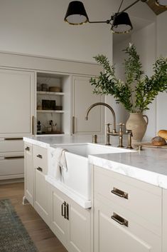 a kitchen with white cabinets and marble counter tops, gold faucets and green plants