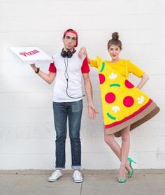 two people dressed up as pizza and one is holding a paper plate with the word pizza on it