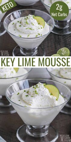 key lime mousse in small glass bowls with limes on top and the words key lime mousse below