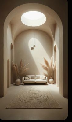 a living room filled with lots of furniture under a white ceiling mounted round light fixture