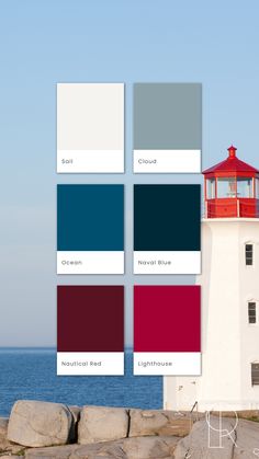 This mood board showcases a bold and classic nautical color palette featuring rich dark red, vibrant red, deep blue, grey-blue, and off-white. The deep reds and blues evoke a sense of maritime adventure and sophistication, while the off-white and grey-blue soften the palette, providing balance and a fresh, clean aesthetic. Perfect for small business branding or weddings, this palette embodies timeless coastal elegance with a modern twist. Blue Design Graphic, Brand Colour Palette, Travel Palette, Blue Color Combinations, Palette Design