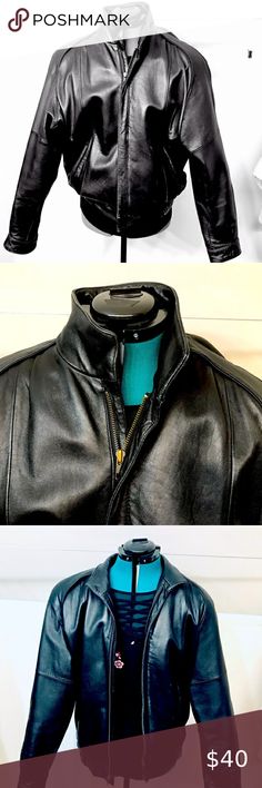 Black leather jacket by Tanery West Size medium unisex black leather jacket Black Leather Jacket, Looks Great, Black Leather, Elastic, Best Deals, Leather, Closet